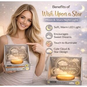 Moon and Stars Wish Upon A Star Night Light Battery Operated- Clouds & Stars NEW